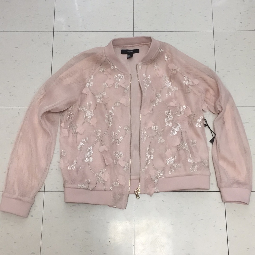 Pink Cherry Blossom Mesh Bomber Jacket